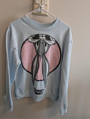 Loony Tunes Women's Small Light Blue Bugs Bunny Crewneck Popart Sweatshirt